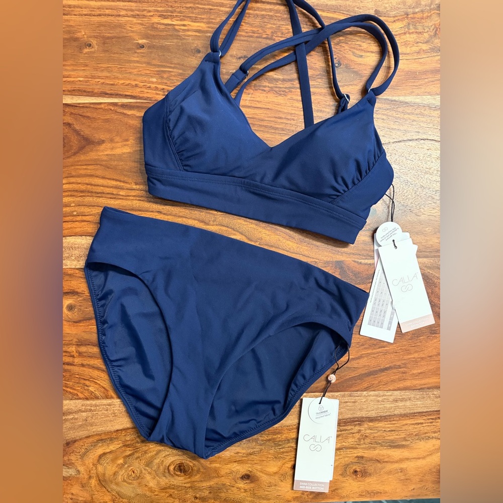 CALIA NWT Strappy Back & Mid Rise Bottom Bikini Set in Opulent Blue Size XS